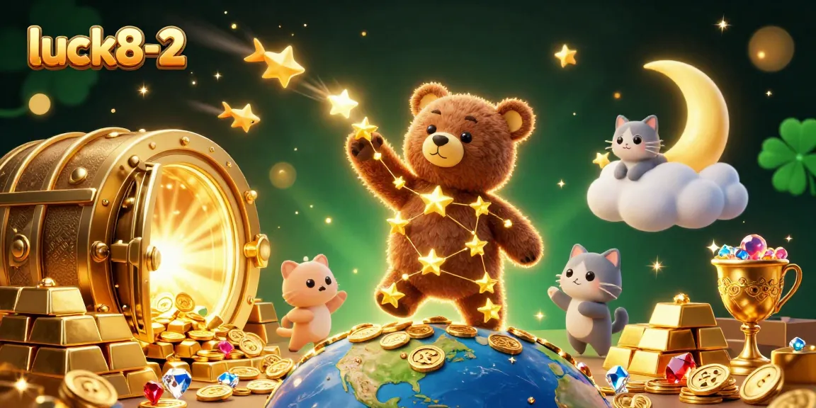 Engage with luck8-2 in this vibrant illustration featuring a constellation bear scooping coins in a casino-themed scene.