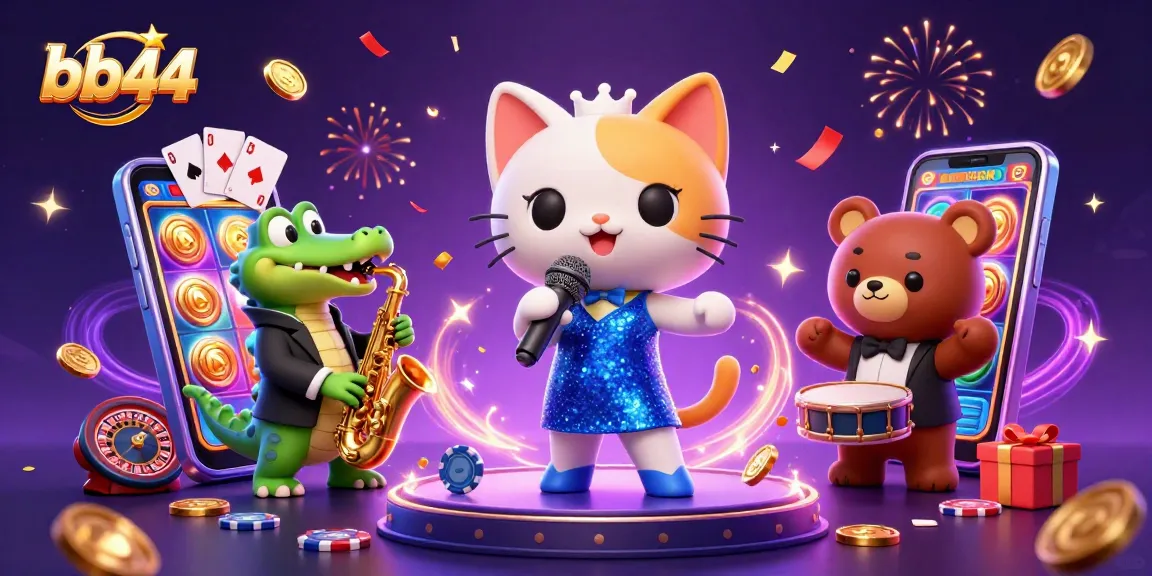 Experience the vibrant world of bb44 with engaging characters and casino games in this lively illustration.