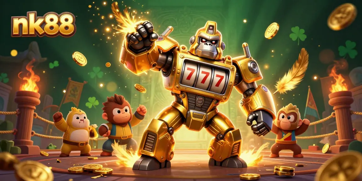 Engage with nk88's thrilling gaming experience featuring a golden gorilla mech in a vibrant casino atmosphere.