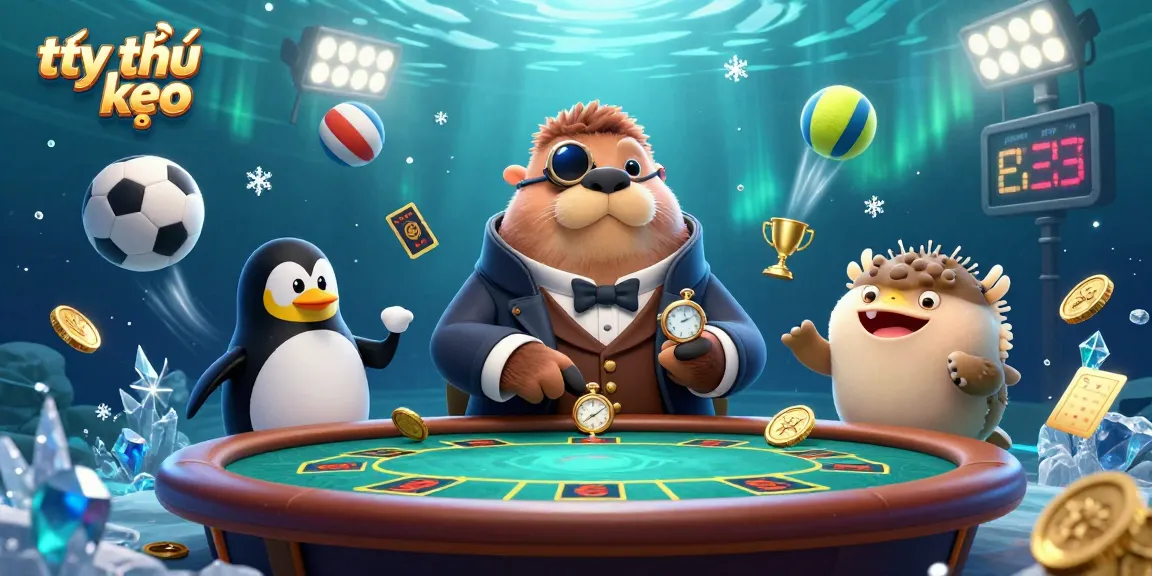 Experience the excitement of tỷ lệ kèo with a jolly walrus, penguin dealer, and pufferfish player in an underwater casino scene.