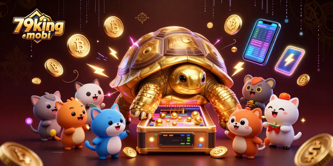 Engage with exciting games at 79king mobi featuring a colossal tortoise pinball machine surrounded by crypto elements.