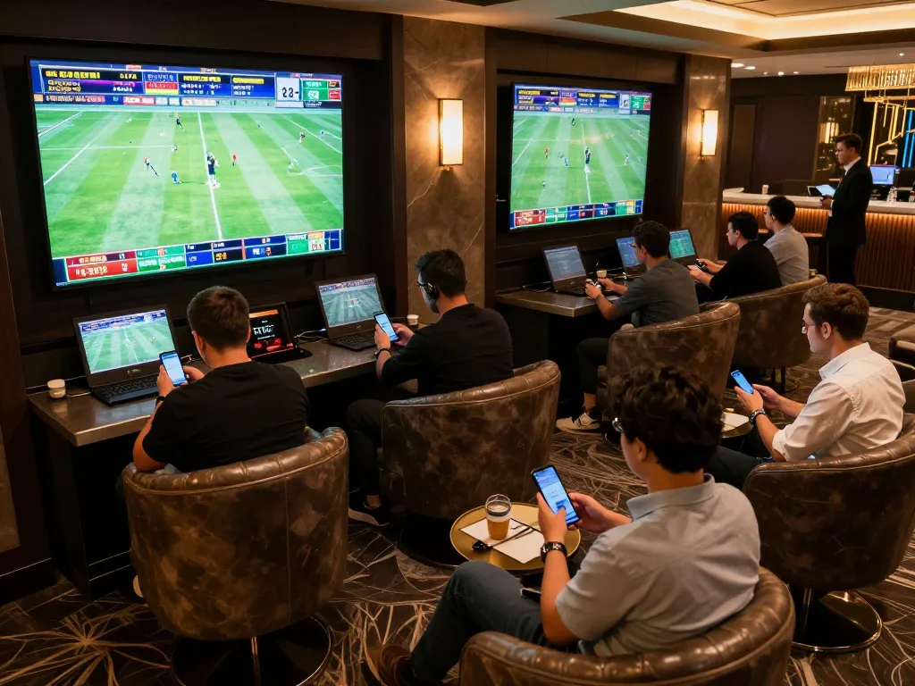 Dynamic sports betting scene showcasing bettors engaged with luongsontv365 on large screens in a premium lounge atmosphere