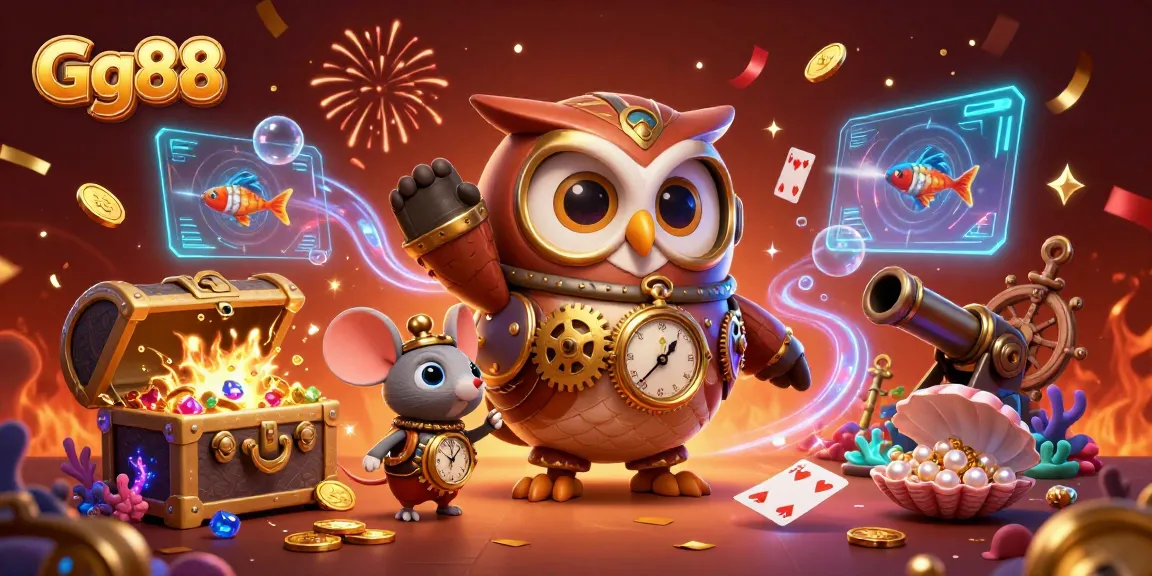 Experience the excitement of Gg88 through a whimsical 3D illustration depicting a time-traveling owl in a steampunk casino.