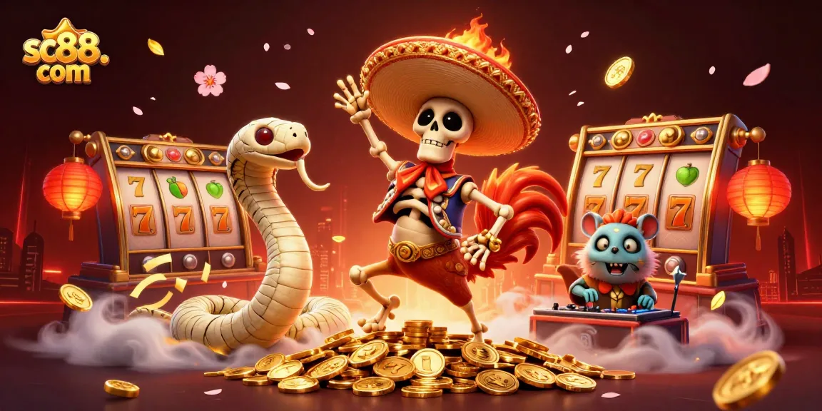 Experience the excitement of sc88. com with a vibrant 3D illustration showcasing a victorious mariachi rooster and engaging gambling elements.