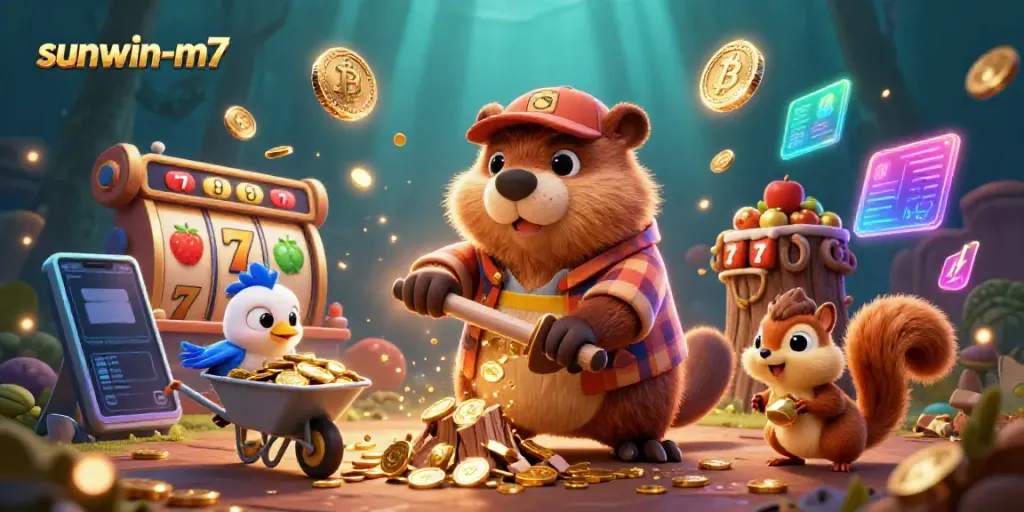 Experience the excitement of sunwin-m7 with vibrant slot reels and golden coins raining down!