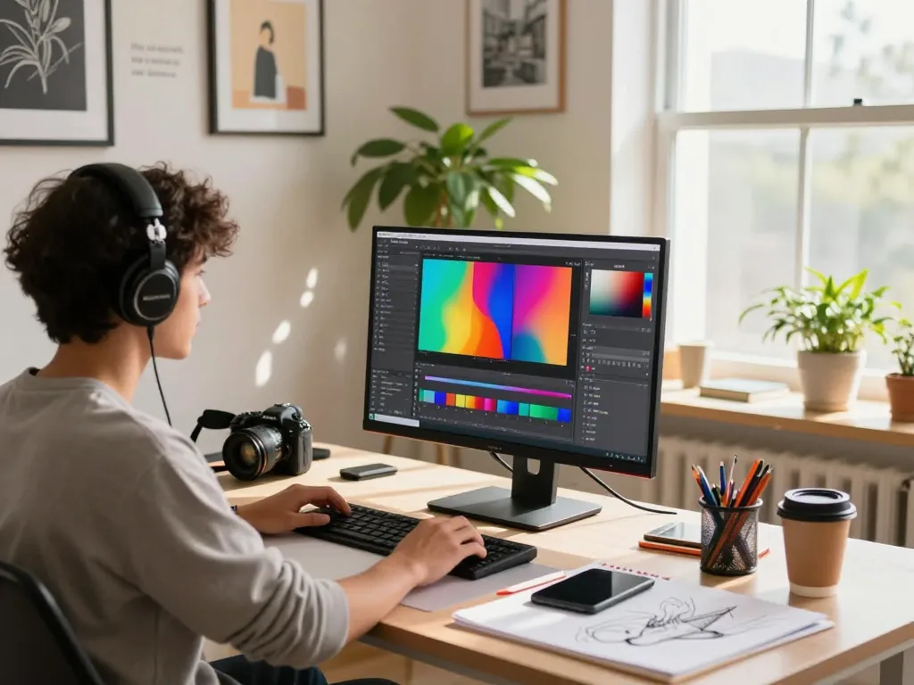 Artist using Nano Banana AI image editor in a vibrant workspace full of creativity.