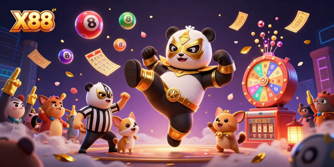 X88 captures excitement in a vibrant casino scene with animated characters celebrating wins and playing games.