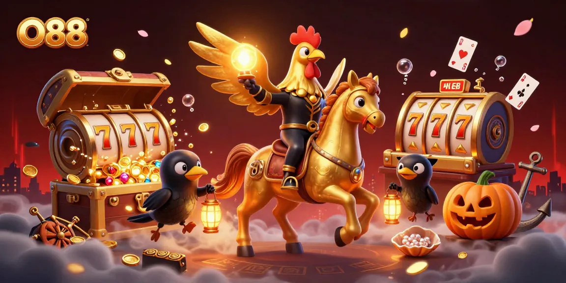 O88 reveals slots and treasures in a vibrant casino adventure with a golden rooster leading the way.