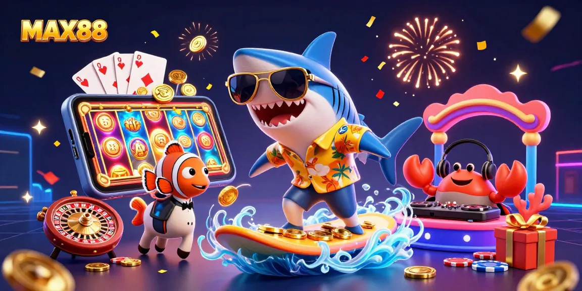 Join MAX88 in a vibrant casino-themed adventure with gold coins, colorful slot games, and festive characters.