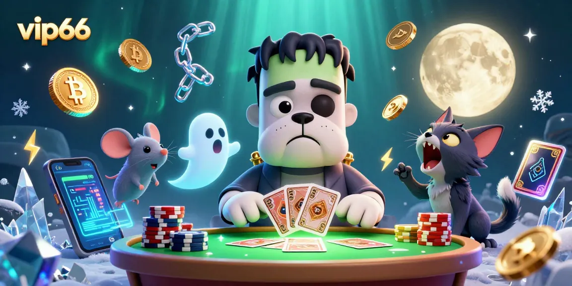 Experience thrilling gameplay as vip66's Frankenstein bulldog deals cards amid crypto chaos.