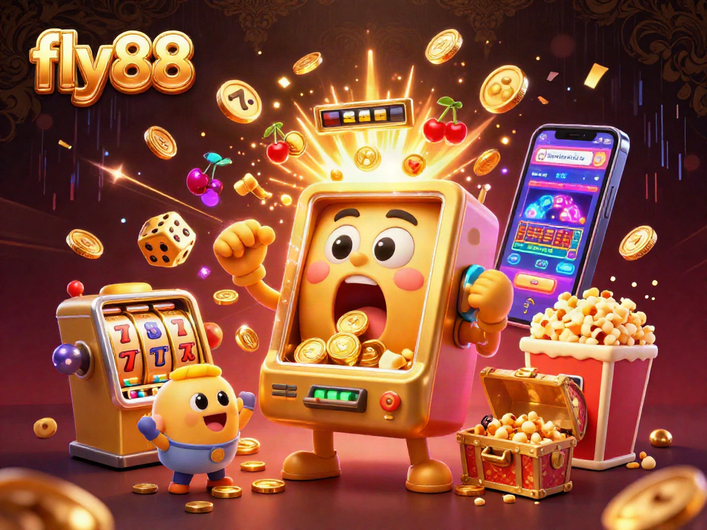 fly88 slot machine celebrating a jackpot with vibrant coins and cheers from baby machines