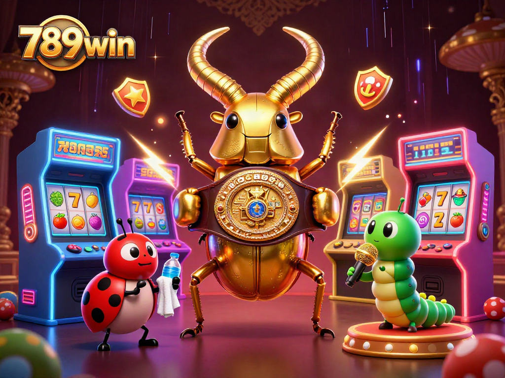 Engage with 789win's vibrant 3D casino scene featuring a golden stag beetle and arcade elements.