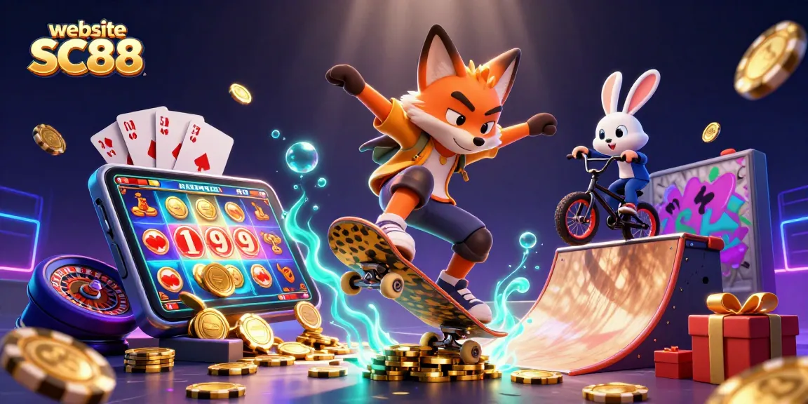 Experience the thrill of winning with website SC88, showcasing vibrant animations of casino games and characters.