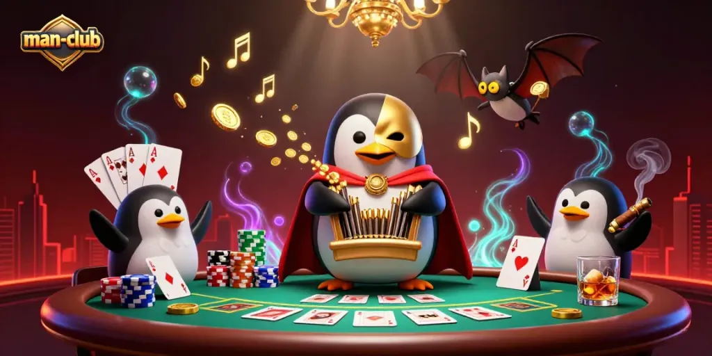 Engage in thrilling poker action with man-club's dynamic casino scene featuring vibrant characters and rich gaming elements.