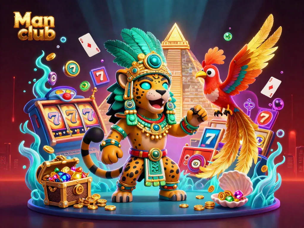Experience thrilling gambling action at Man club with a lively Mayan-themed casino scene featuring vibrant slot machines and dynamic gaming elements.