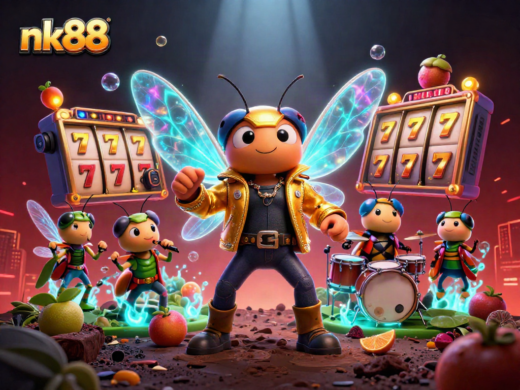 Engage with nk88’s vibrant casino atmosphere featuring slot reels, electric rock star characters, and dynamic game elements.