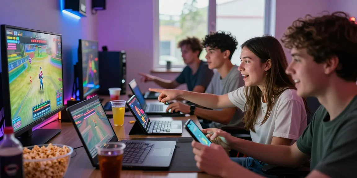 Friends enjoying an ero game together in a vibrant gaming lounge with snacks and devices.
