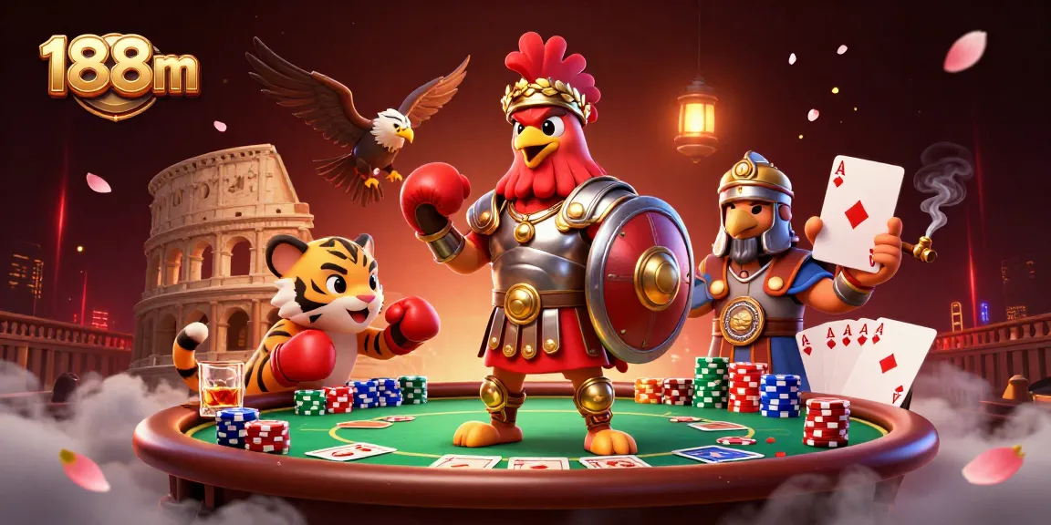 Engage in thrilling action at 188m with a dynamic 3D casino illustration featuring gladiator rooster and poker elements.