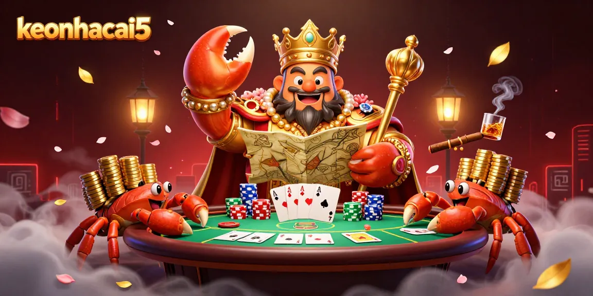 Experience exciting gameplay at keonhacai5 with a golden crab emperor leading a poker showdown.