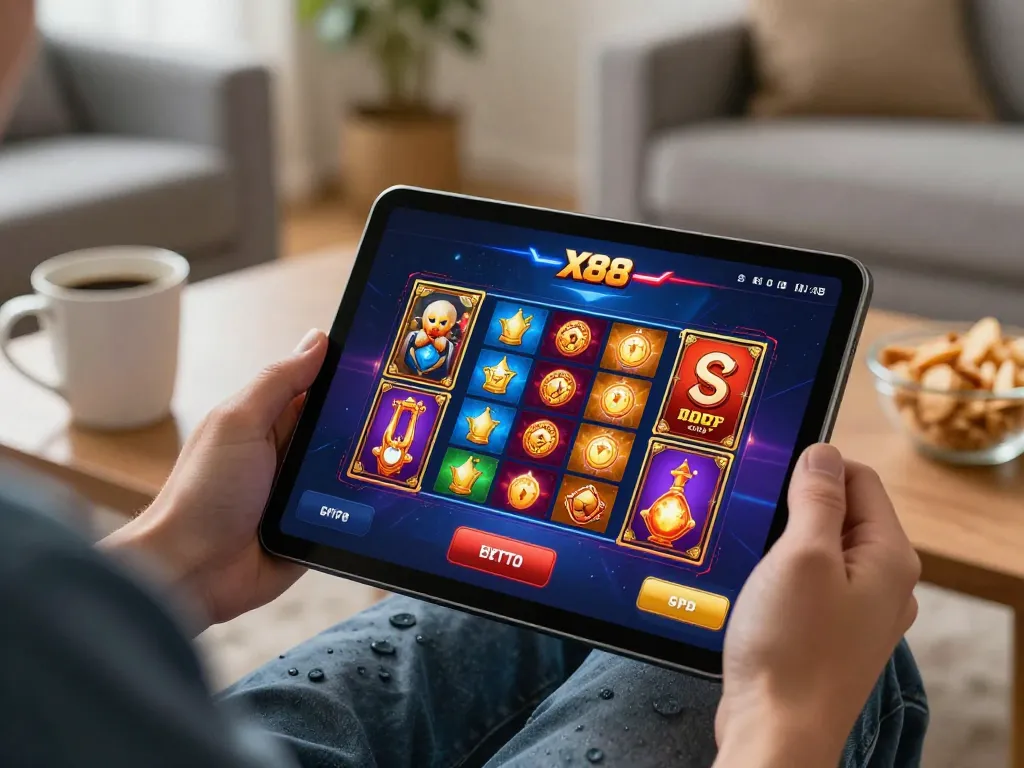 X88 players enjoy online gaming on a tablet, showcasing vibrant casino app interface in a cozy atmosphere