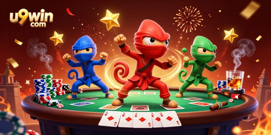 Experience exciting gameplay at u9win com with a dynamic poker scene featuring ninja chameleons and vibrant elements.