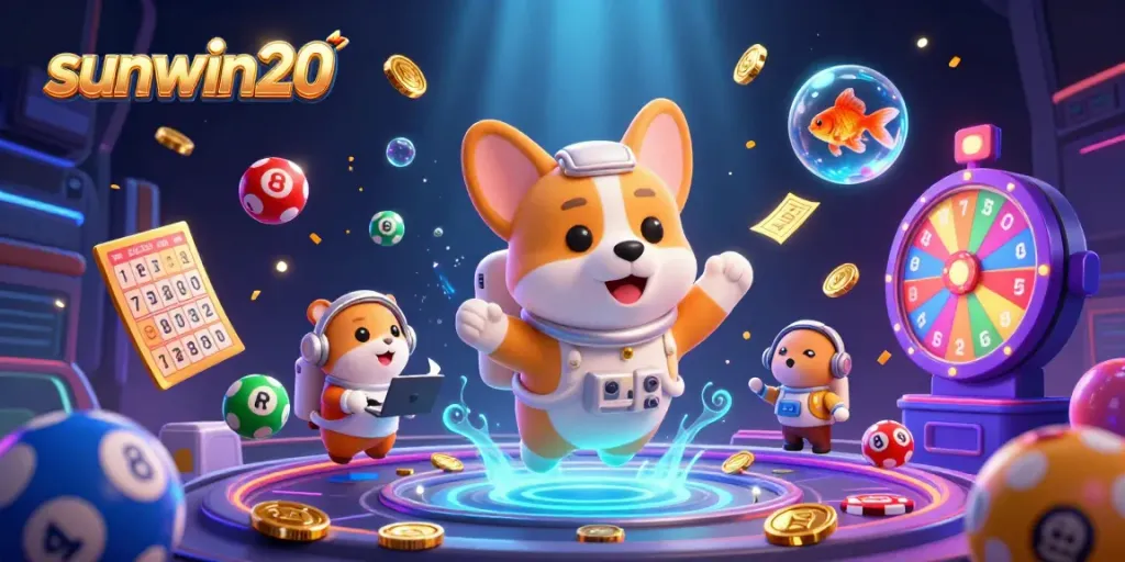 Experience the excitement of sunwin20 with a vibrant, dynamic casino scene featuring drifting coins and lottery elements.