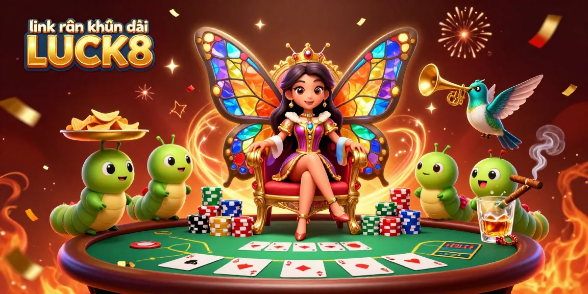 Engage with link nhận khuyến mãi LUCK8 while enjoying a vibrant 3D illustration of a butterfly queen presiding over a casino scene.