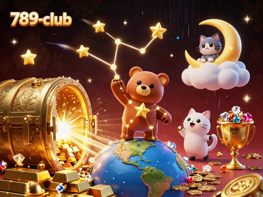 Engage with the 789-club adventure as the starry bear collects coins under a shimmering vault.