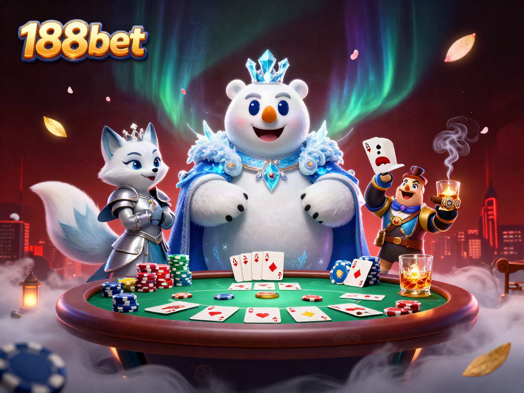 Experience the thrill of poker with 188bet featuring a polar bear and snow fox in a vibrant casino scene.