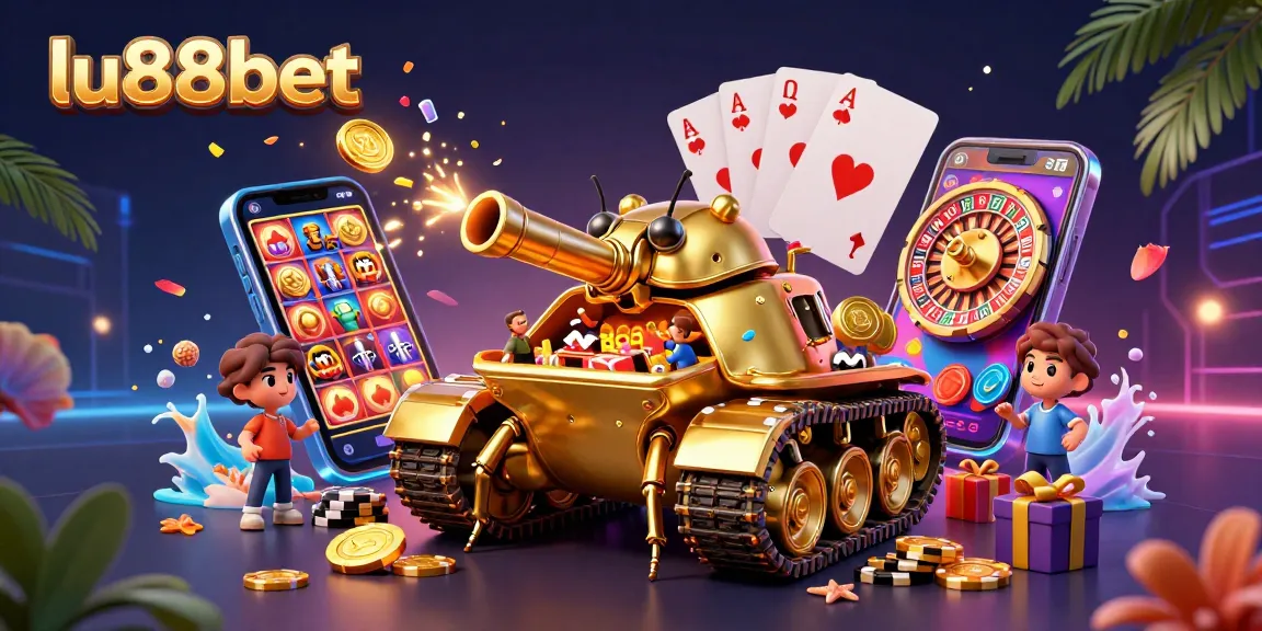 Experience excitement at lu88bet with a golden beetle tank casino illustration, featuring confetti and lively gaming elements.
