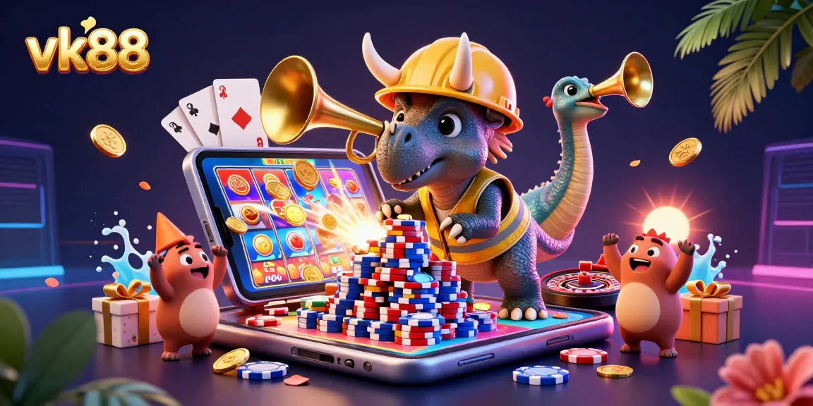 vk88 brings excitement with a triceratops building poker chips amidst festive gaming elements.