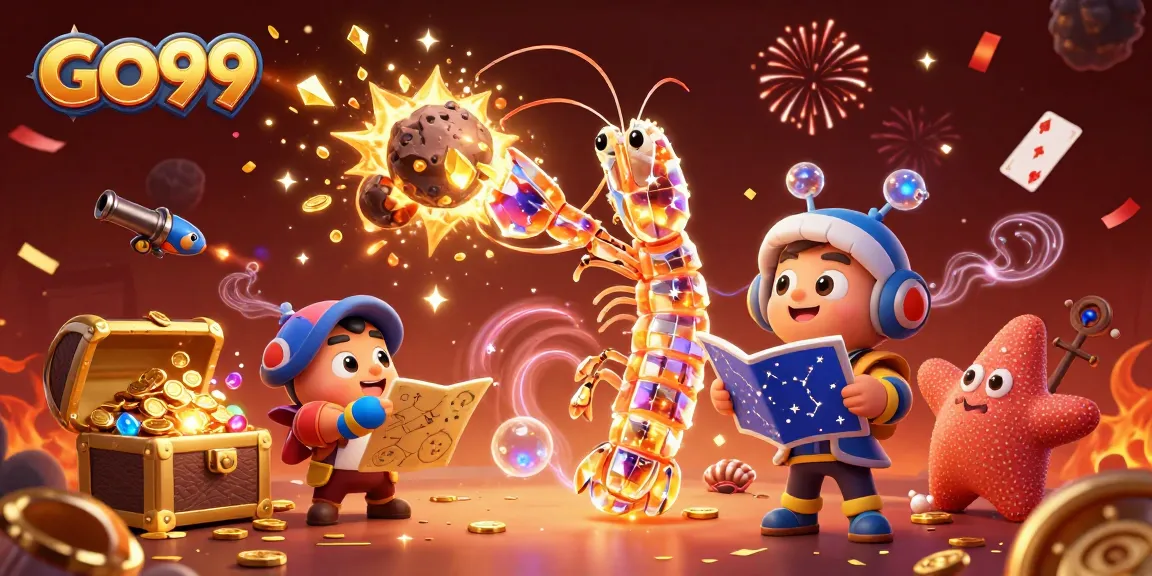 Experience the thrilling adventure of GO99 with dynamic characters surrounded by gold coins and casino elements.