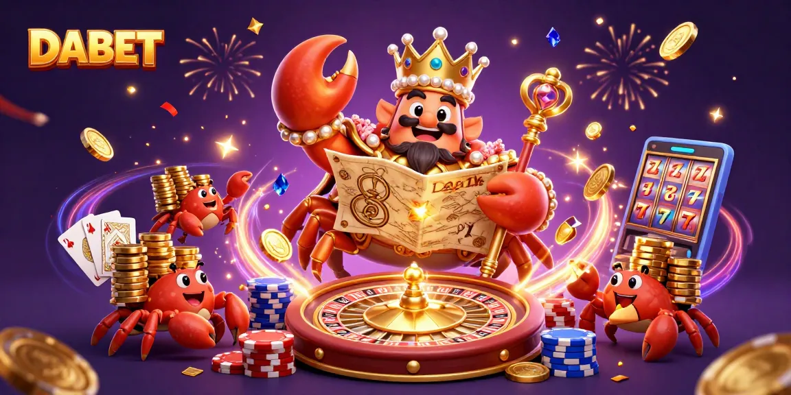 DABET casino scene featuring a golden crab emperor amidst casino games and rewards.