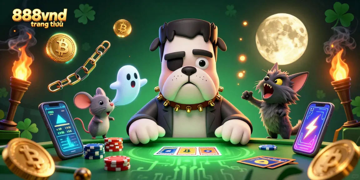 Engage with 888vnd trang chủ in this dynamic casino scene featuring a Frankenstein bulldog dealer, ghost mouse, and werewolf kitten.