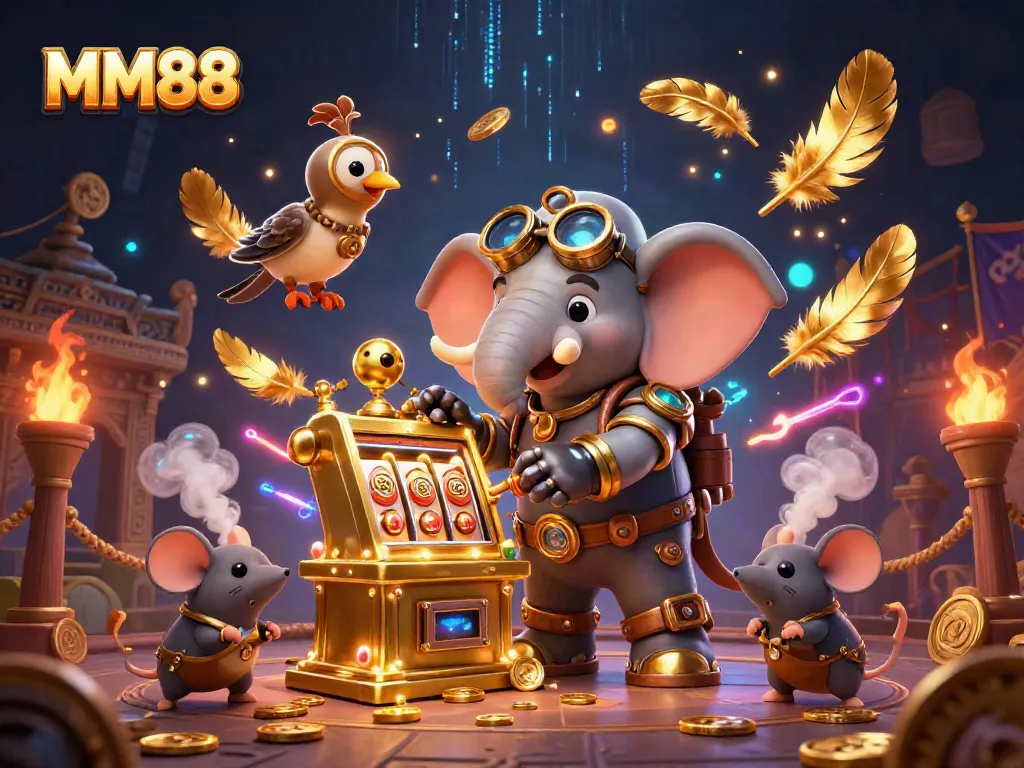 Engage with MM88 in an electrifying 3D casino scene featuring a whimsical steampunk elephant and golden slot machine.