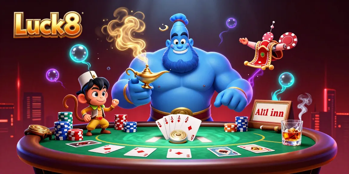 Luck8 showcases thrilling casino action with a blue genie, poker chips, and vibrant game elements.