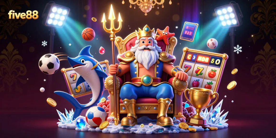 Experience excitement with five88 as Neptune and a swordfish guard amidst dynamic casino symbols.