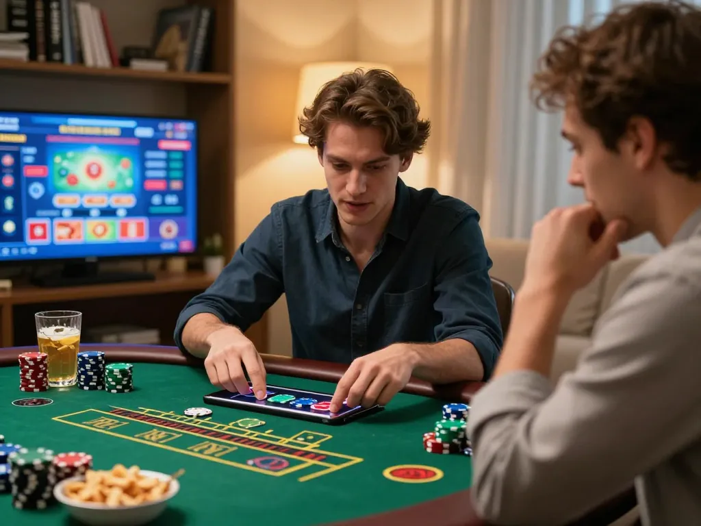 Jun88 player enjoying an intense live dealer blackjack game at home in a cozy environment.