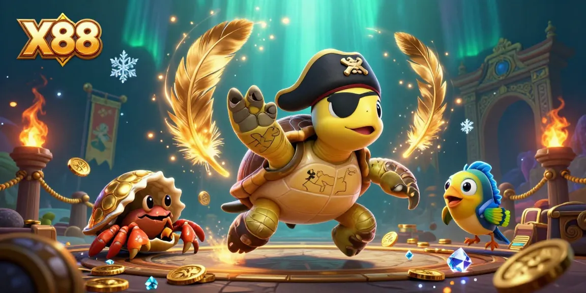 X88 illustrates a thrilling underwater adventure with a pirate turtle and treasures, perfect for casino gaming excitement.