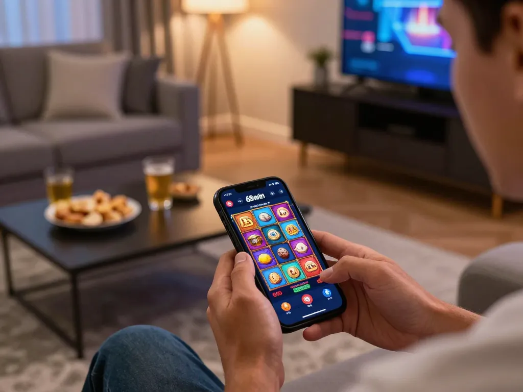 Player using 68win app for online slot games in a cozy living room.