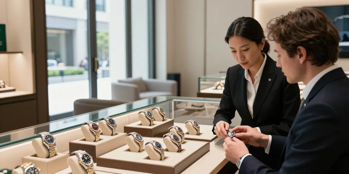Showcasing rolex super clone watches in an upscale retail environment, highlighting luxury and craftsmanship.