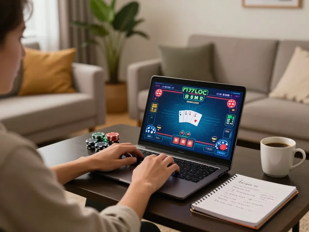 Engaging in online poker at home with 77LOC's vibrant gaming interface and strategy notes visible.