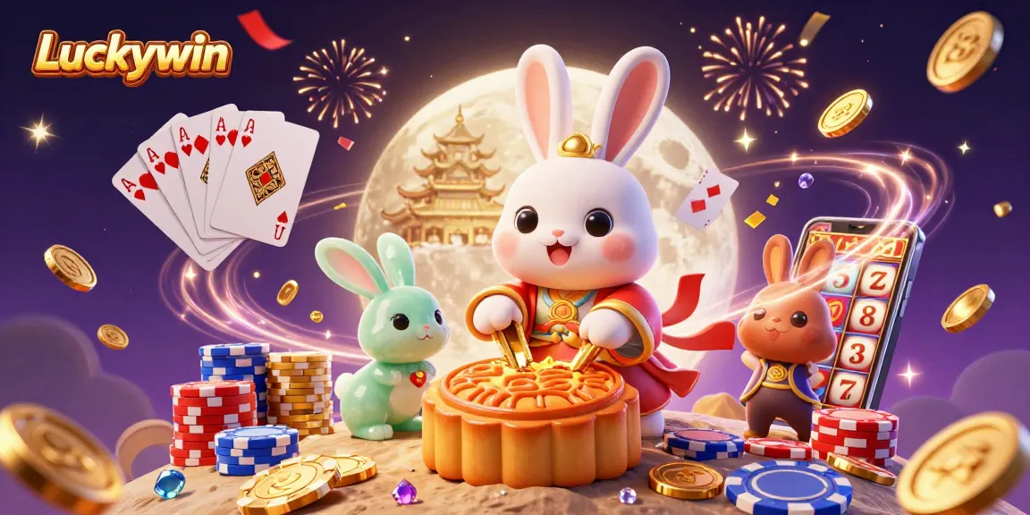 Experience Luckywin's vibrant scene with the moon rabbit and casino elements; immerse in the gaming magic.