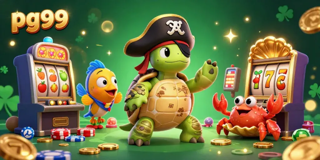 Spin the slots with the pg99 pirate turtle and his treasure friends, engaging in an exciting casino adventure.