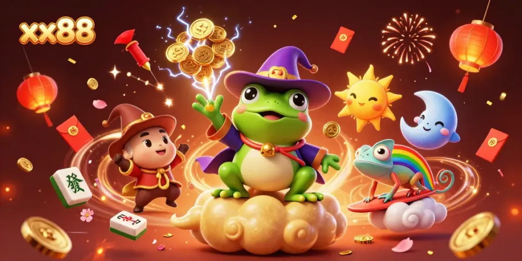 Engage with xx88's exciting gambling world featuring vibrant 3D elements and dynamic energy.