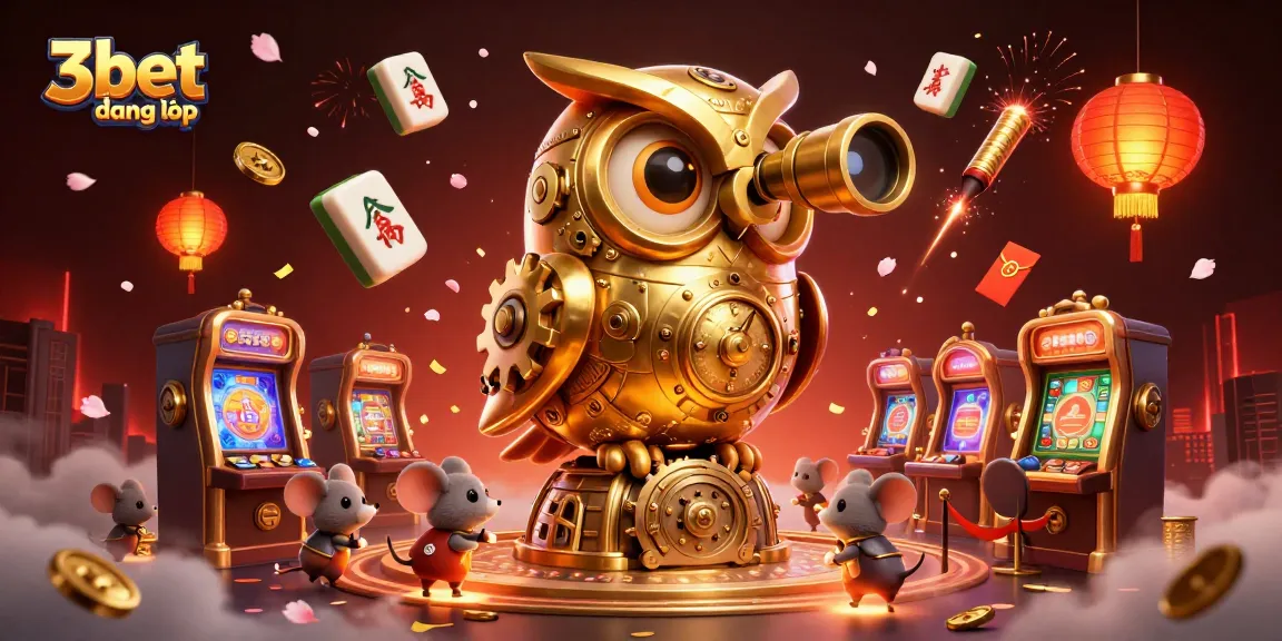 Experience the thrill of 3bet đăng nhập with stunning visuals of a bustling casino scene featuring a magical golden owl overseeing the excitement.