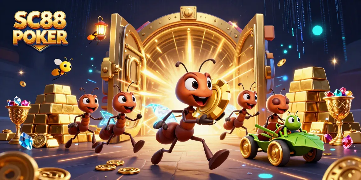 Engage with SC88 POKER as animated ants carry a giant poker chip through a treasure-filled tunnel.