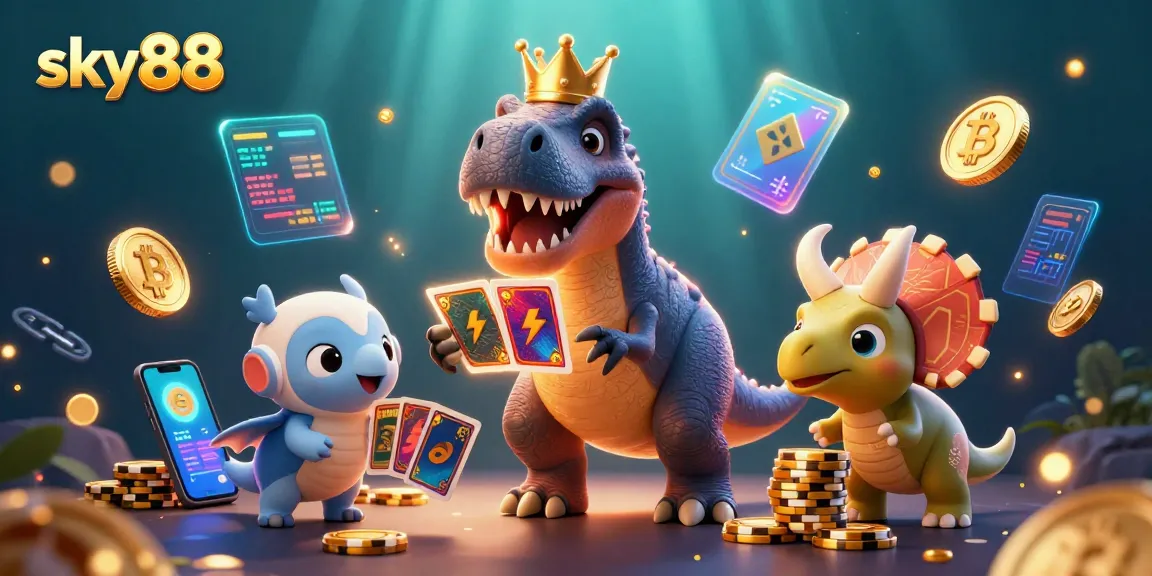 Experience thrilling gaming action with sky88's colorful T-Rex dealer and vibrant casino elements!