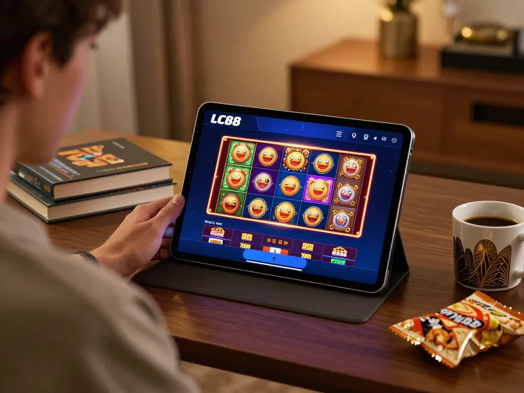 Engaging player exploring LC88 casino app on tablet, showcasing vibrant slots.