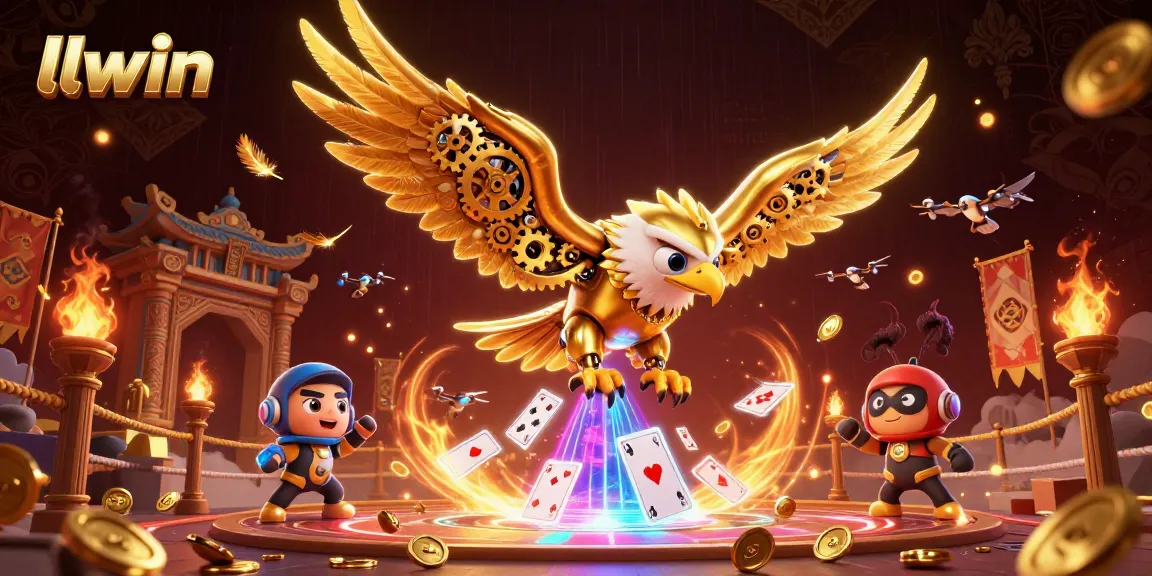 Experience thrilling gameplay at llwin, as a cybernetic eagle soars through holographic cards in a vibrant casino.